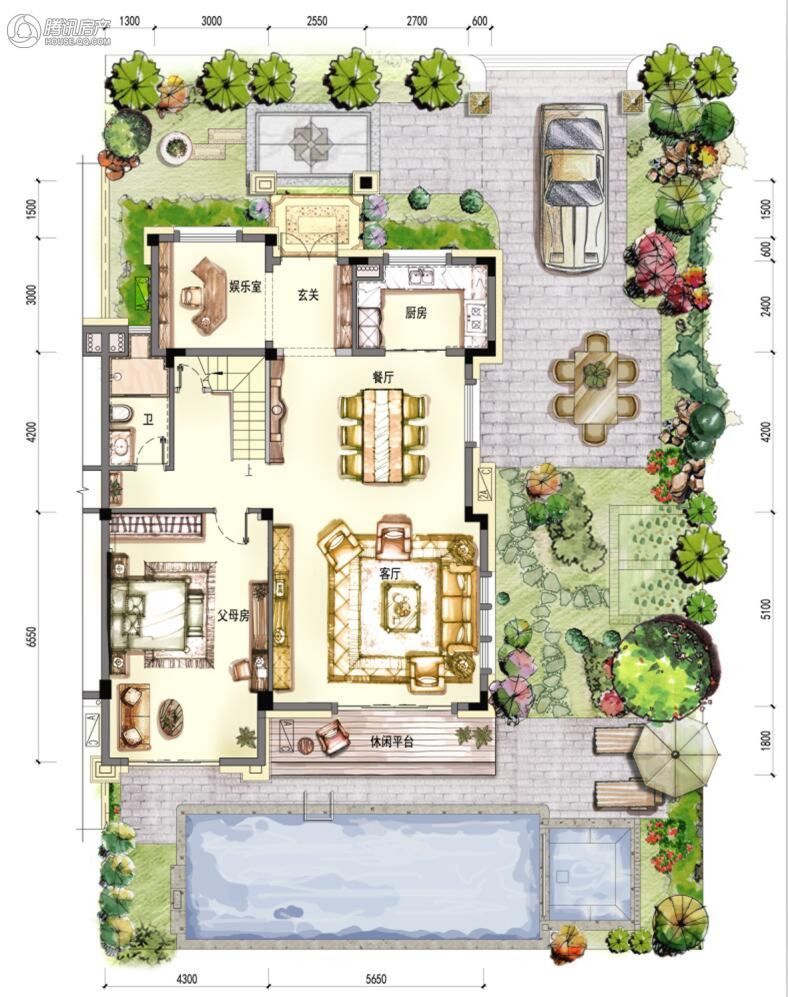 建面约233㎡原生坡地花园双拼别墅一层