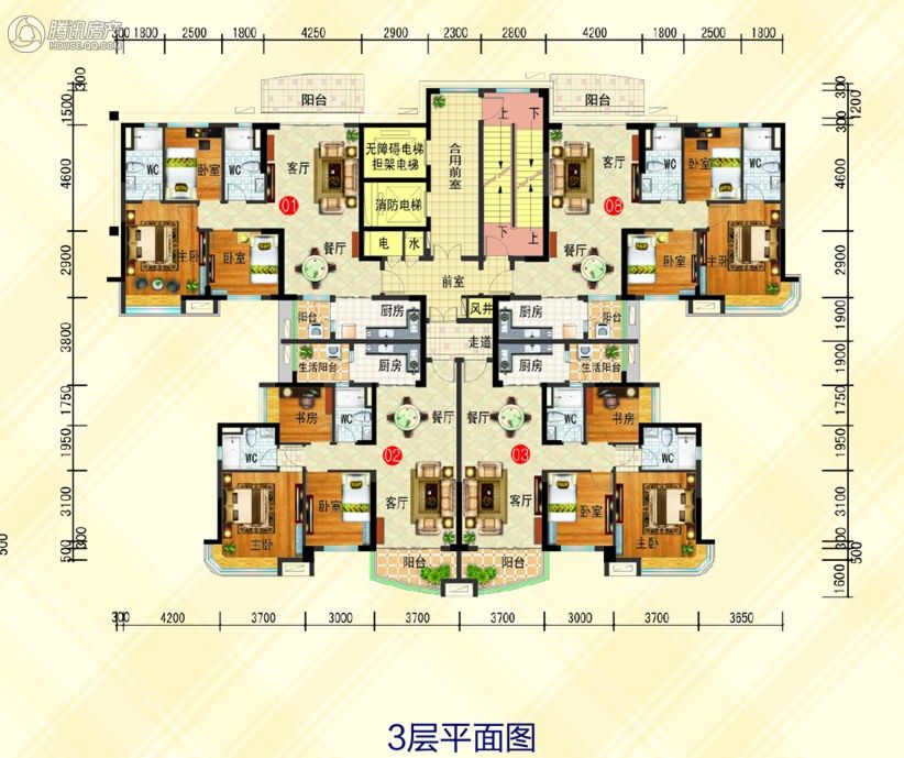 碧桂园精装高层j363t户型,第3层,1号约121平,2,3号约114平,8号约122平