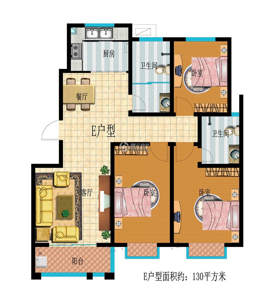 e户型 三室两厅两卫 建筑面积约130㎡