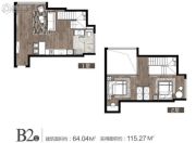 E客公寓・CROSS万象汇2室2厅2卫64平方米户型图